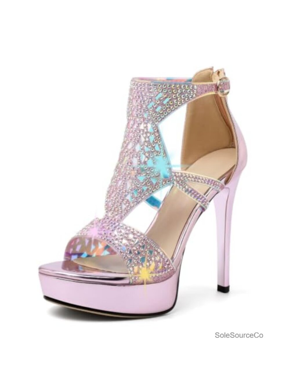 Eldof Women's Open Toe Strappy Platform High Heel Sandals Rhinestone
